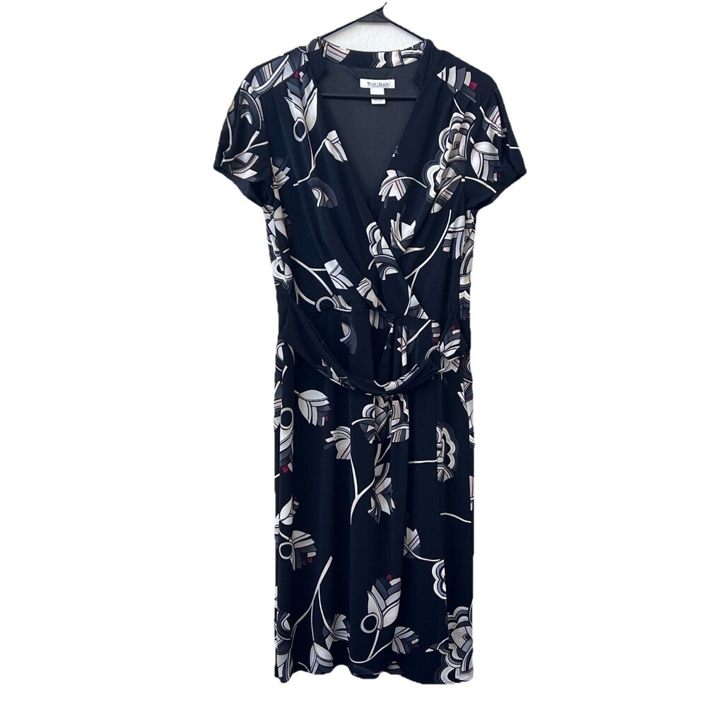 White House Black Market WHBM Sz 12 Black White Floral Faux Wrap Dress Retro